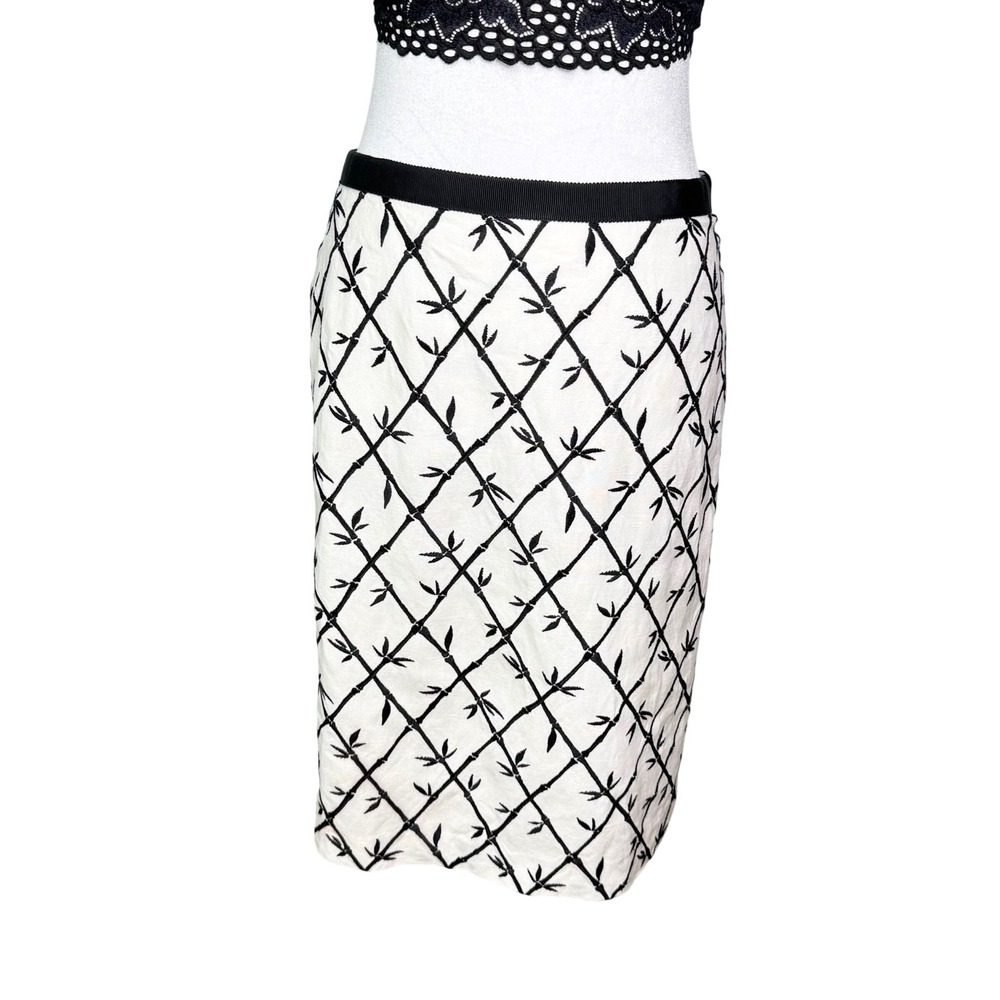 Talbots Linen Blend Bamboo Embroidered Pencil Skirt Sz 4 Minimalist Capsule Boho